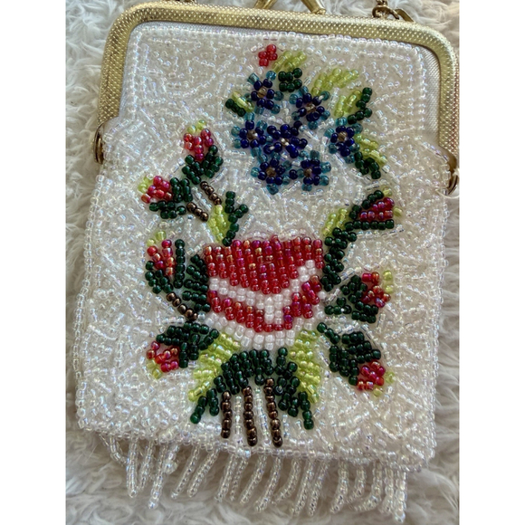 Vintage Floral Hand Beaded Fringe Chain Strap Tiny Seed Evening Purse Flapper - Picture 15 of 16